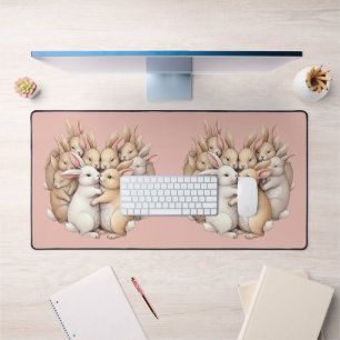 Adorable Bunnies in a Cozy Pastel Hug Illustration Desk Mat