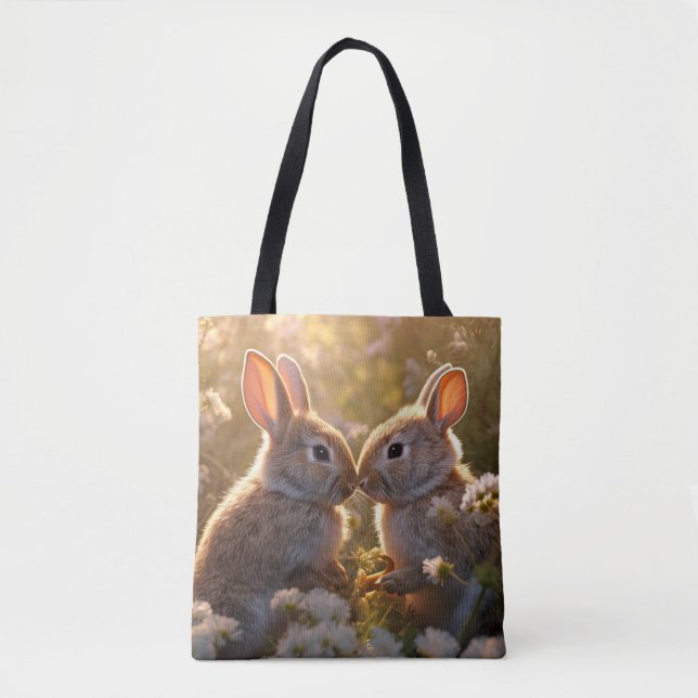 Adorable Bunnies in Spring Meadow Design Tote Bag (Front)