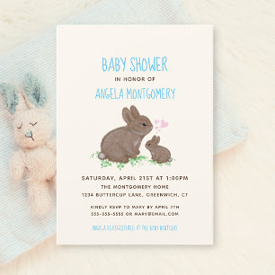 Adorable Bunnies with Hearts Boy Baby Shower Invitation