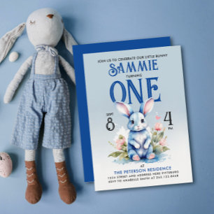 Adorable Bunny Boy Floral Birthday Watercolor Invitation