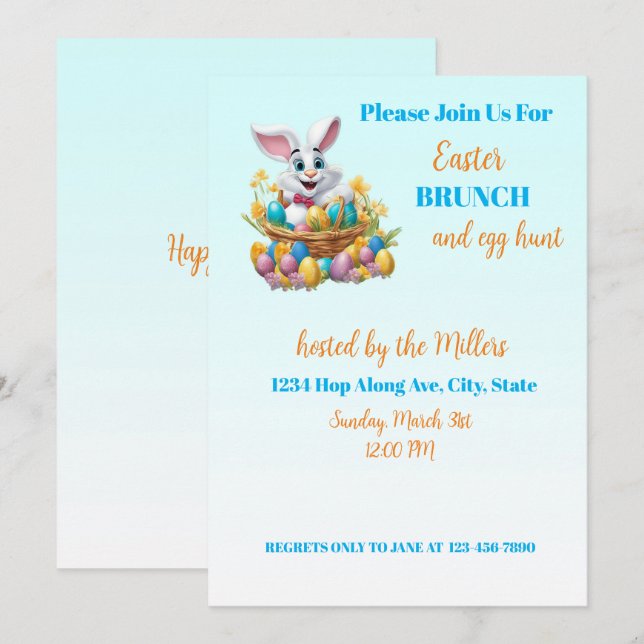 🐇 Adorable Bunny Easter Brunch & Egg Hunt Invitation (Front/Back)
