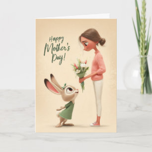 Adorable Bunny Giving Flowers Mother's Day Card