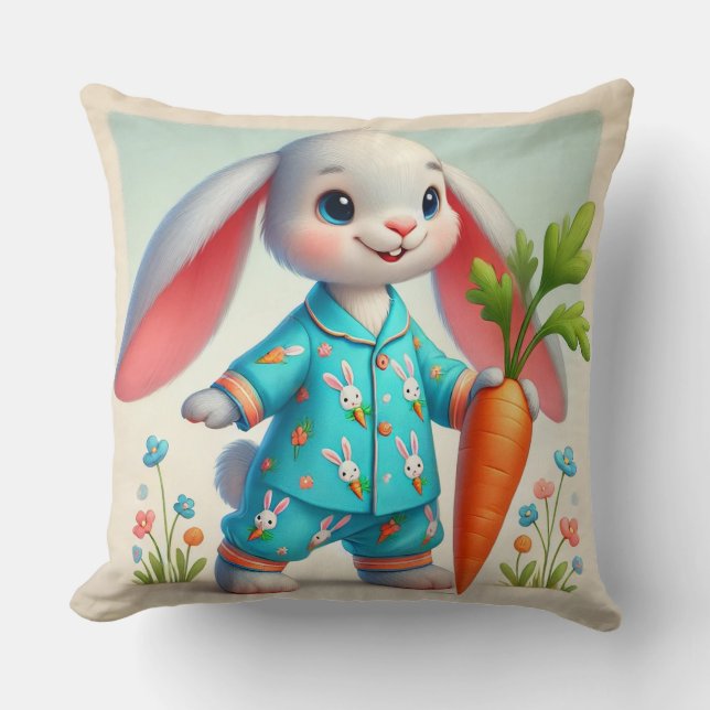 Adorable Bunny Holding a Huge Carrot Cushion (Front)