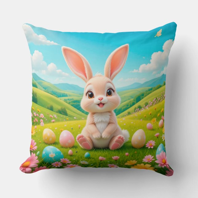 Adorable Bunny in a Colourful Spring Meadow Cushion (Front)