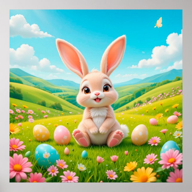Adorable Bunny in a Colourful Spring Meadow Poster (Front)