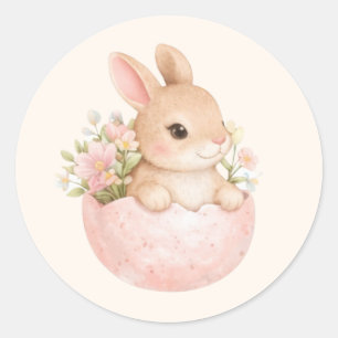 Adorable Bunny in Eggshell Spring Watercolor Classic Round Sticker