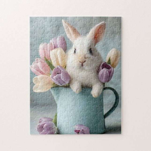 Adorable Bunny Peeking from a Pitcher of Tulips Jigsaw Puzzle (Vertical)