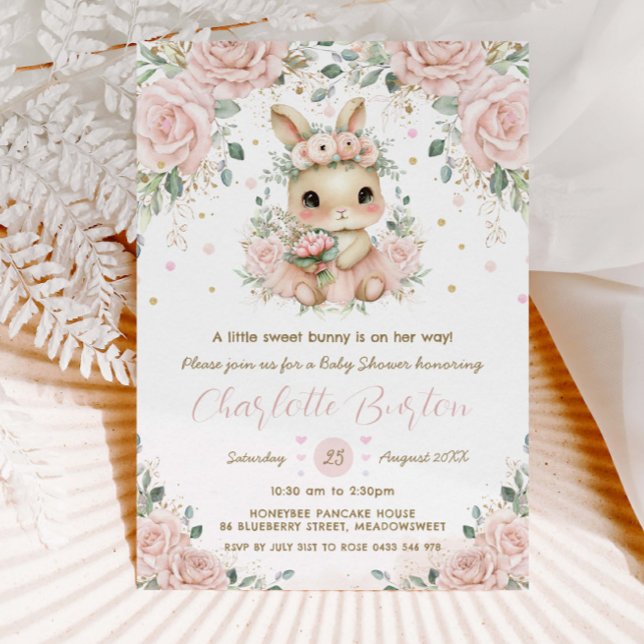 Adorable Bunny Rabbit Blush Floral Baby Shower  Invitation (Creator Uploaded)