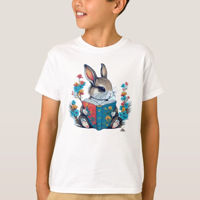Adorable Bunny Rabbit Reading Book in Flower Garde T-Shirt (Front)