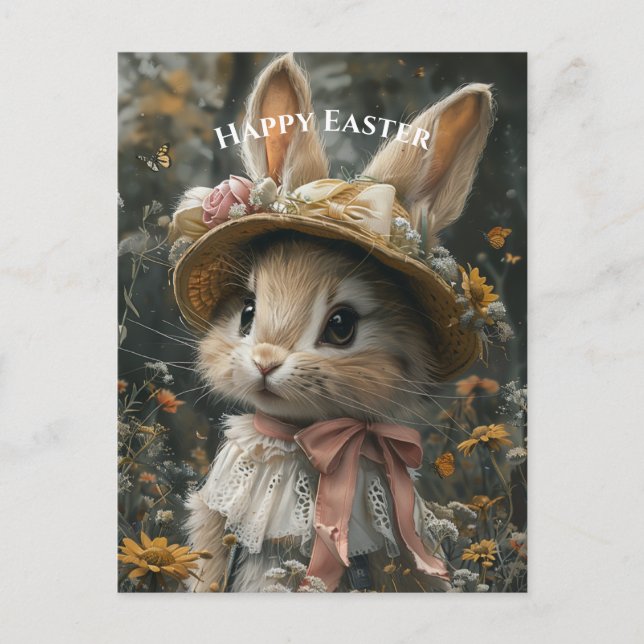 Adorable Bunny Straw Hat Flowers Lace Postcard (Front)