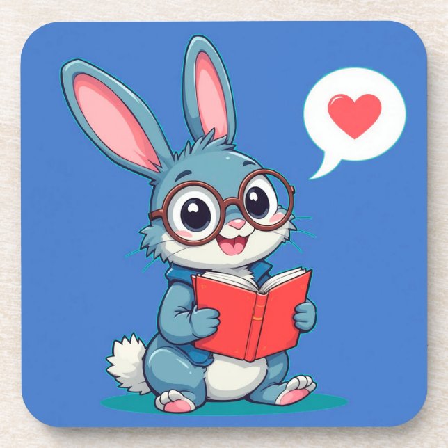Adorable Bunny Wearing Glasses Reading a Book Coaster (Front)