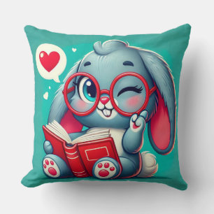 Adorable Bunny Wearing Glasses Reading a Book Cushion