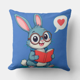 Adorable Bunny Wearing Glasses Reading a Book Cushion