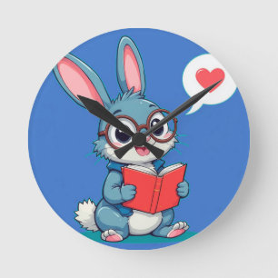 Adorable Bunny Wearing Glasses Reading a Book Round Clock