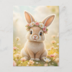 Adorable bunny with a flower wreath holiday postcard