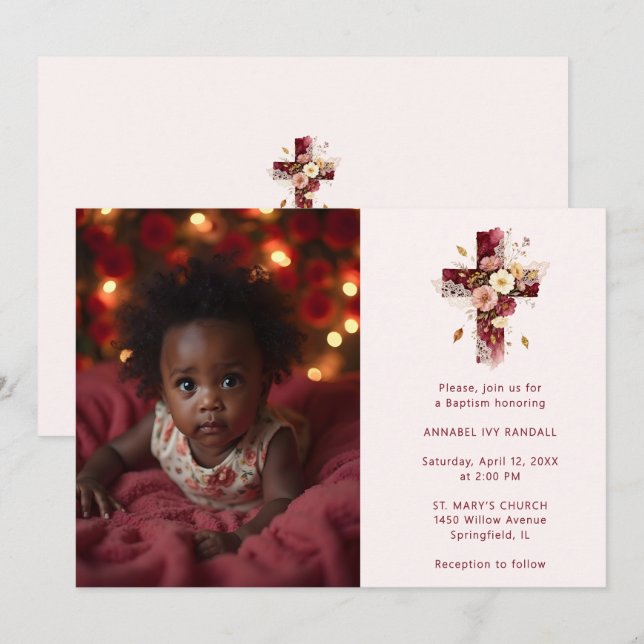 Adorable Burgundy Glitter Floral Cross Baptism Invitation (Front/Back)
