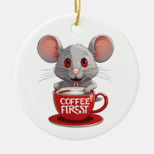Adorable Caffeine Mouse in Red Mug Ceramic Tree Decoration