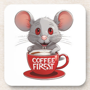 Adorable Caffeine Mouse in Red Mug Coaster