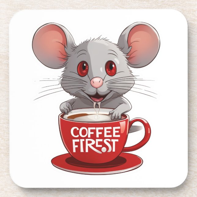 Adorable Caffeine Mouse in Red Mug Coaster (Front)