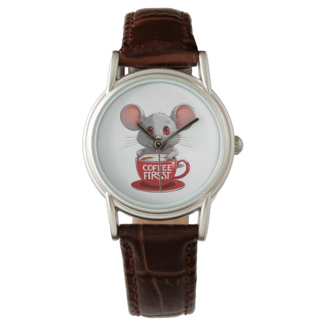 Adorable Caffeine Mouse in Red Mug Watch (Front)