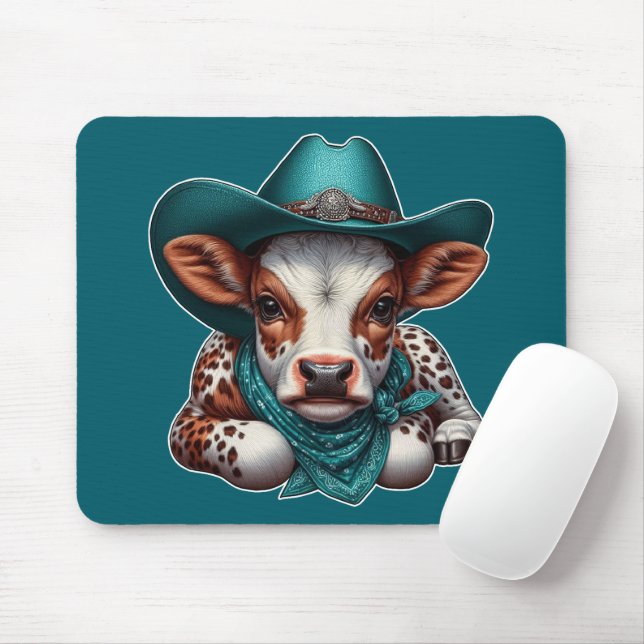 Adorable Calf in Cowboy Hat and Bandanna Mouse Pad (With Mouse)
