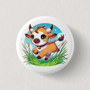 Adorable calf joyfully running through a field 3 cm round badge