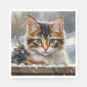 Adorable Calico Cat in the Snow Napkin
