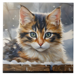 Adorable Calico Cat in the Snow Portrait Pose  Tile