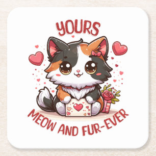 Adorable Calico Cat Valentine's Day  Square Paper Coaster
