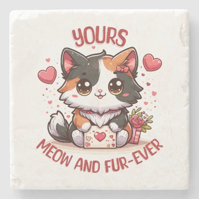 Adorable Calico Cat Valentine's Day  Stone Coaster (Front)