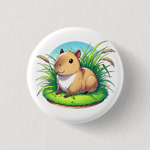 Adorable capybara sits in a patch of tall grass 3 cm round badge