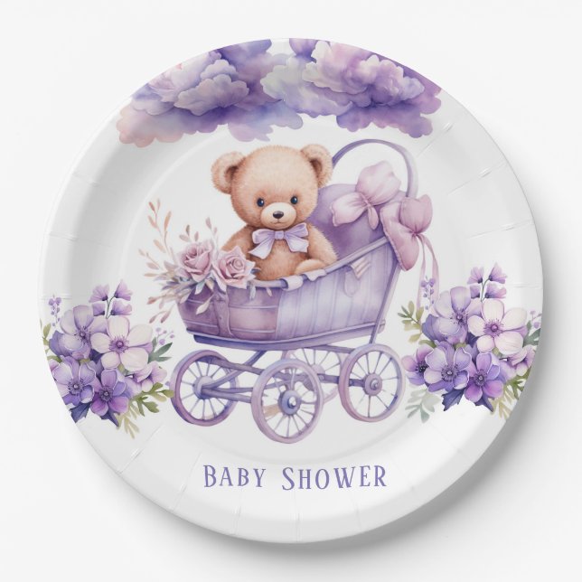 Adorable Carriage Teddy Bear Girl Baby Shower Paper Plate (Front)
