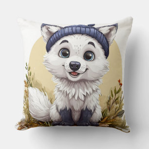 Adorable Cartoon Arctic Fox with Blue Hat Cushion