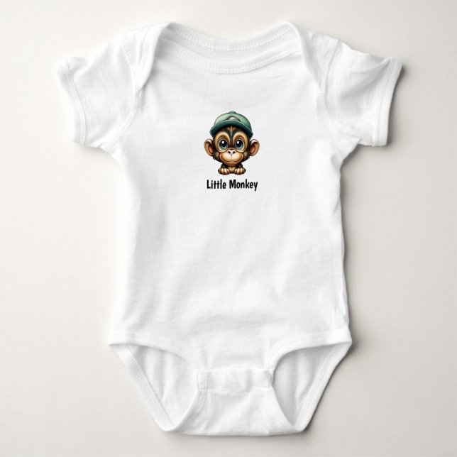 Adorable Cartoon Baby Monkey with Green Hat Funny Baby Bodysuit (Front)