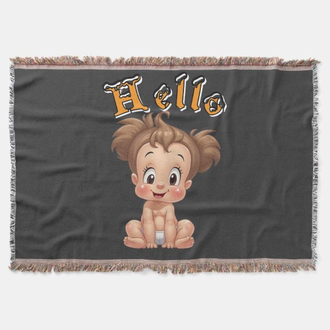 Adorable Cartoon Baby Sitting Cheerfully with Cute Throw Blanket (Front)