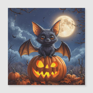 Adorable Cartoon Bat Perched on Jack-o'-Lantern