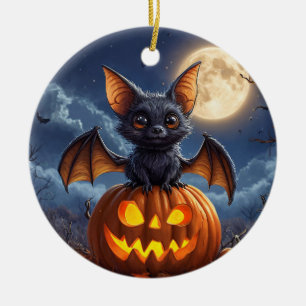 Adorable Cartoon Bat Perched on Jack-o'-Lantern Ceramic Tree Decoration
