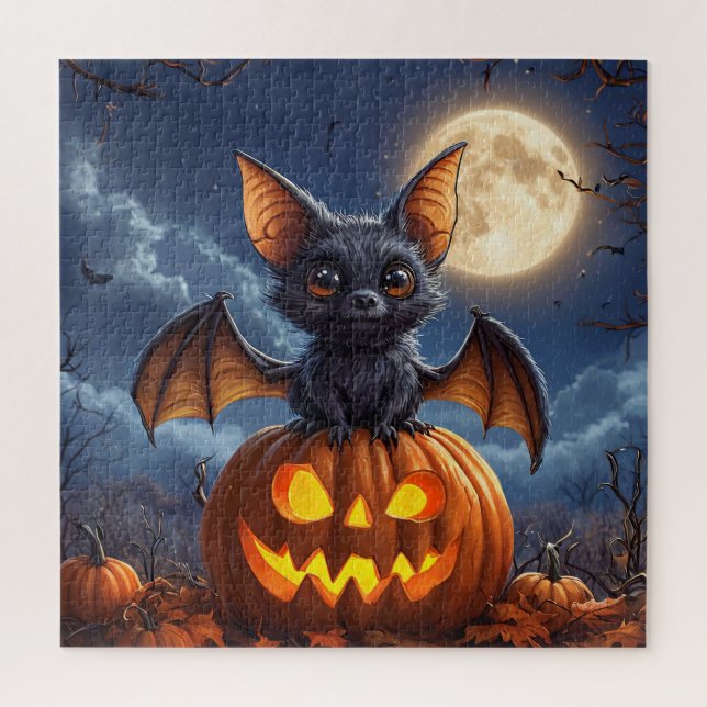 Adorable Cartoon Bat Perched on Jack-o'-Lantern Jigsaw Puzzle (Vertical)