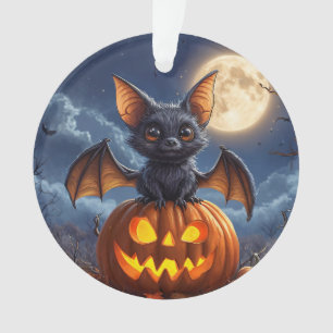 Adorable Cartoon Bat Perched on Jack-o'-Lantern Ornament
