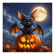 Adorable Cartoon Bat Perched on Jack-o'-Lantern