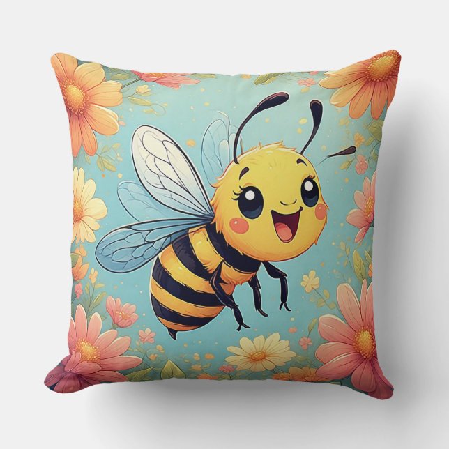Adorable Cartoon Bee Buzzing Cheerfully Cushion (Front)