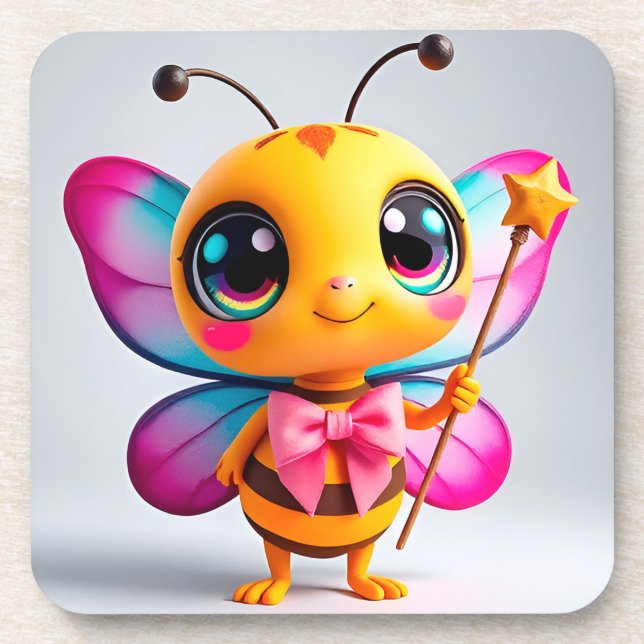 Adorable Cartoon Bee Fairy Character Coaster (Front)