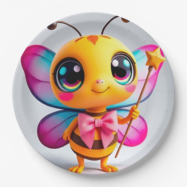 Adorable Cartoon Bee Fairy Character Paper Plate (Front)