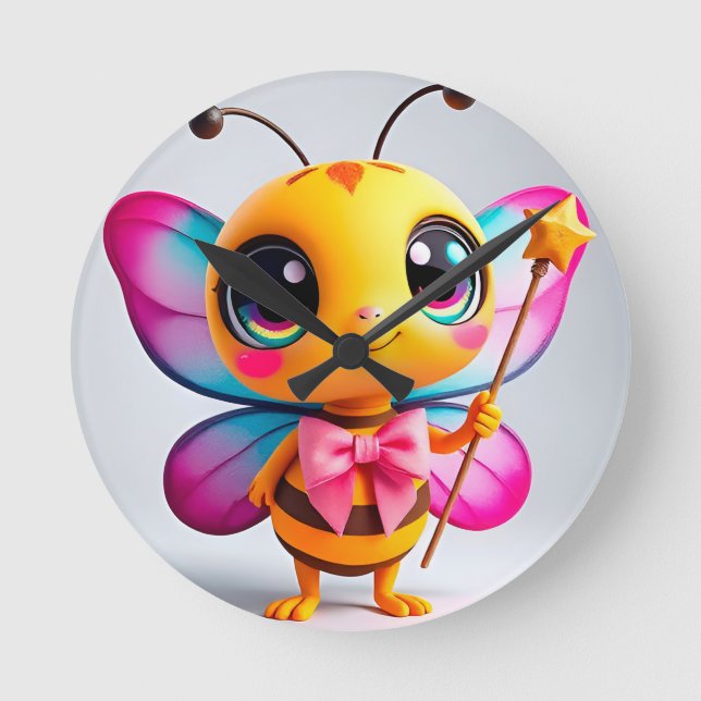 Adorable Cartoon Bee Fairy Character Round Clock (Front)