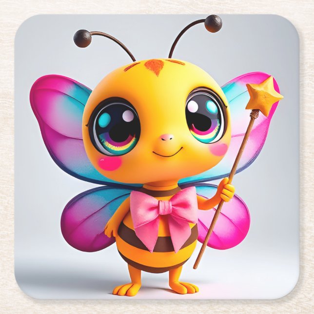 Adorable Cartoon Bee Fairy Character Square Paper Coaster (Front)