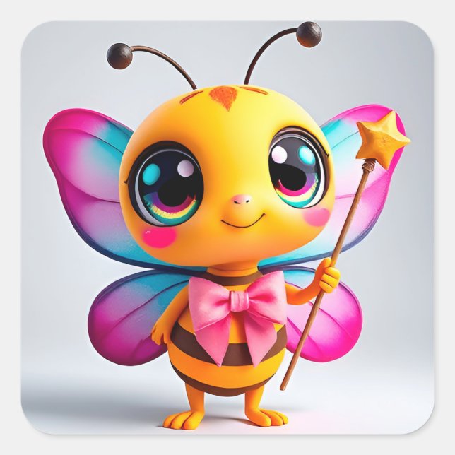 Adorable Cartoon Bee Fairy Character Square Sticker (Front)