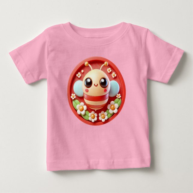 Adorable Cartoon Bee With Flowers Decorated Baby T-Shirt (Front)