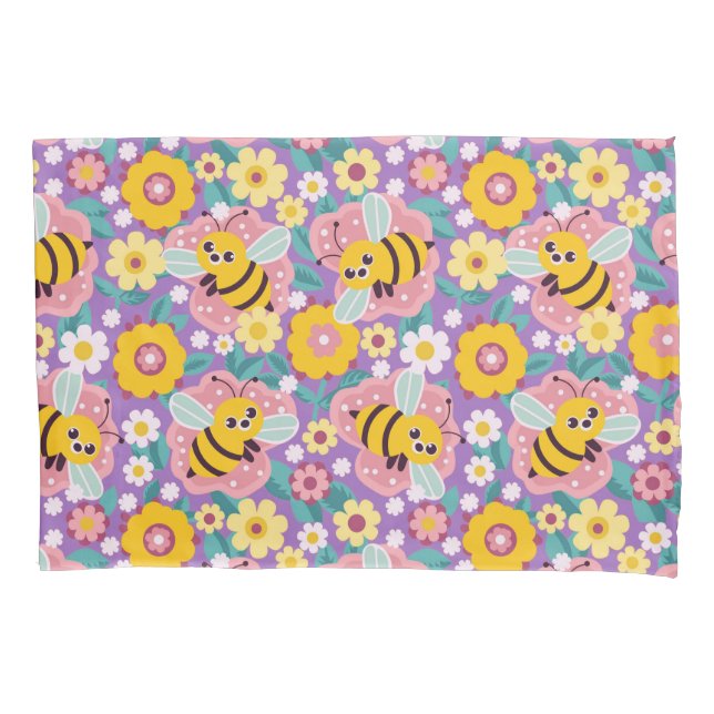 Adorable Cartoon Bees and Flowers Pillowcase (Front)