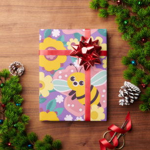 Adorable Cartoon Bees and Flowers Wrapping Paper