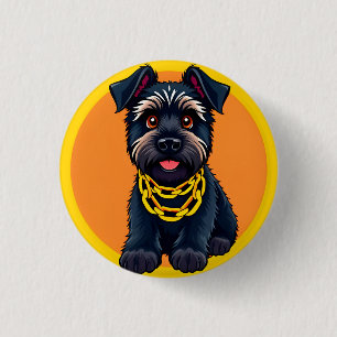 Adorable Cartoon Black Dog Wearing a Gold Chain 3 Cm Round Badge